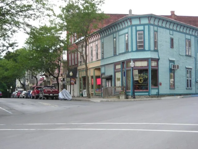 Downtown Wylausing, Pennsylvania showing Victorian buildings. Corner of Church and Main looking south