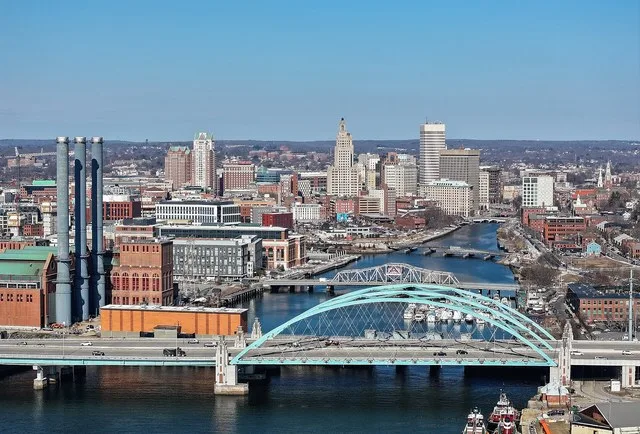 Skyline of Providence, Rhode Island, USA with a view of Providence River Bridge