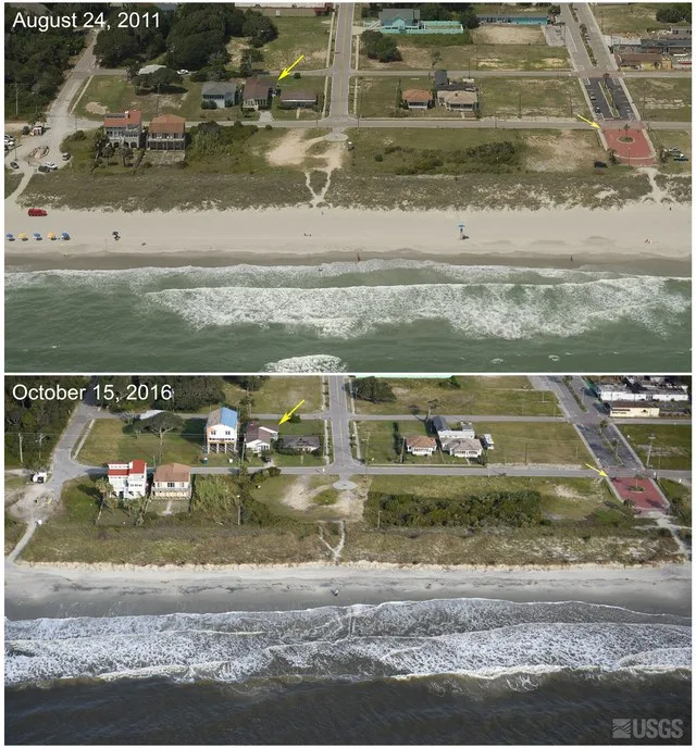 Oblique aerial photographs at Atlantic Beach, South Carolina. Oblique aerial photographs collected before (top) and after (bottom) Hurricane Matthew. Storm waves reached the base...