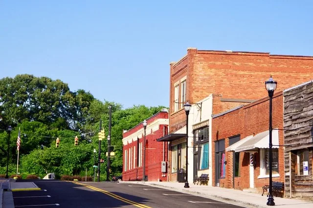 Buildings along Mill Street (S 338) in Inman, South Carolina, United States.