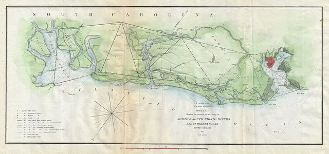 This is an attractive 1852 U.S. Coast Survey triangulation chart of the Coast of South Carolina between St. Helena’s Sound and Charleston. Focuses on the inlets and waterways on J...