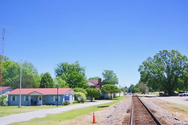 View along the railroad tracks in Little Mountain, South Carolina, United States; Church Street is on the left.