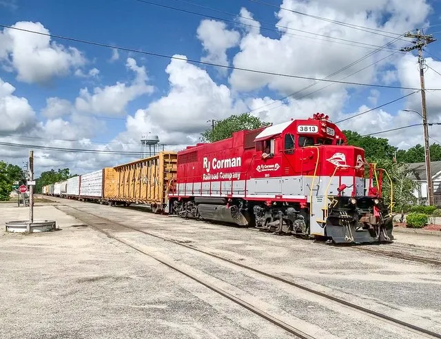 R.J. Corman Railroad train passing through Nichols, South Carolina, on the shortline to Chadbourn, North Carolina