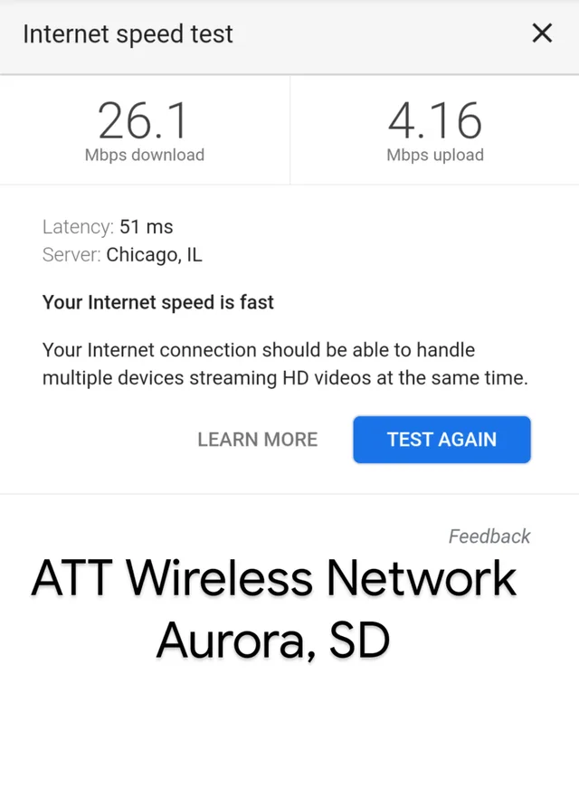 Speed test results on the AT&T network conducted in Aurora, SD.