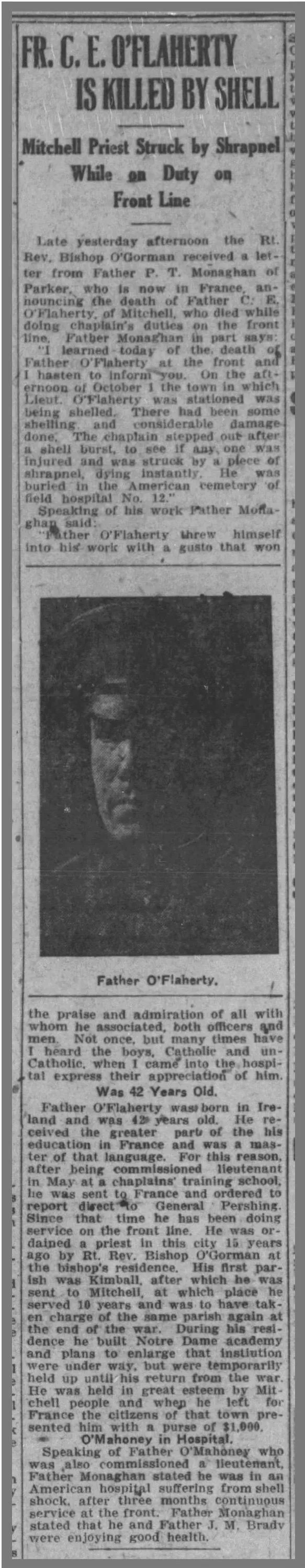 Colman Edmond O'Flaherty (1878-1918) obituary in Argus-Leader of Sioux Falls, South Dakota on 5 November 1918