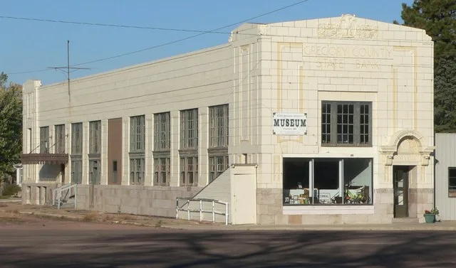 East Gregory County Museum, occupying the Gregory County State Bank building at the northwest corner of Main Street and Randall Avenue in Fairfax, South Dakota; seen from the sout...