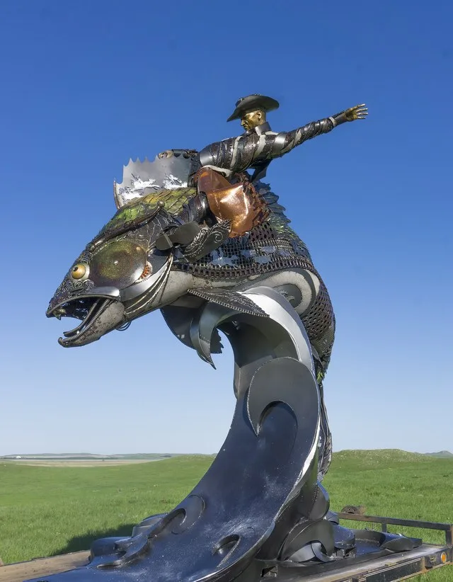 This monumental sculpture of a cowboy riding a walleye stands on the south end of main street in Mobridge.