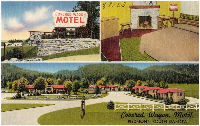 Title: Covered Wagon Motel, Piedmont, South Dakota Subjects: Motels Places: South Dakota > Meade (county) > Piedmont Notes: Title from item. Extent: 1 print (postcard) : linen tex...