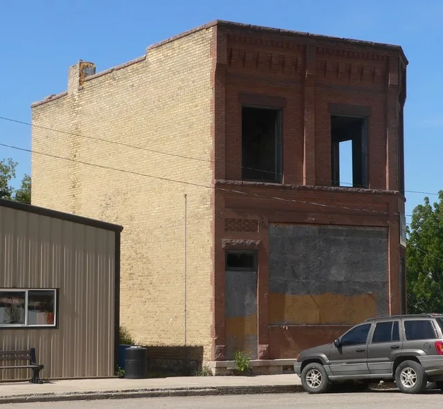 First State Bank building, at southwest corner of 4th Street and 2nd Avenue in Revillo, South Dakota; seen from the southeast, looking obliquely across 2nd. Photographed September...