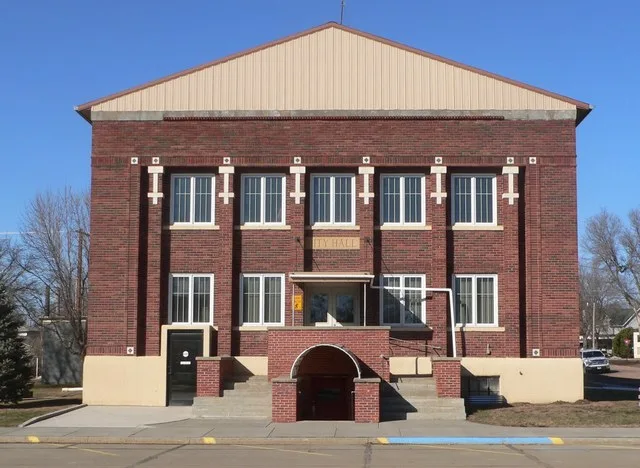 City hall, located at northwest corner of Third and Main streets in Scotland, South Dakota; seen from the south. The building is a contributing property in the Scotland Main Stree...