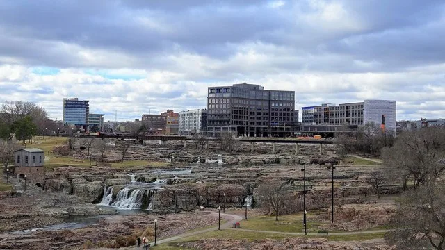 Part of downtown Sioux Falls and Falls Park on March 16, 2024, taken from the viewing tower at Falls Park