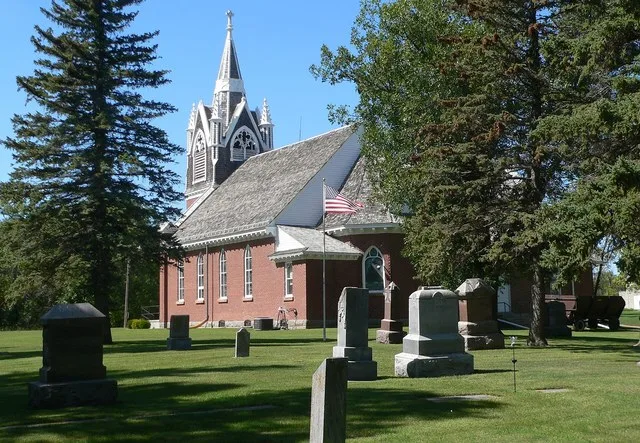 Tabor Lutheran Church, at southeast corner of county roads 162 St and 472 Ave in Strandburg, South Dakota; seen from the southeast.