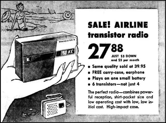 Vintage Advertising For The Arline Model GEN-1130 Transistor Radio In A Montgomery Ward Store Ad In The Argus Leader Newspaper (Sioux Falls, South Dakota), May 3, 1959