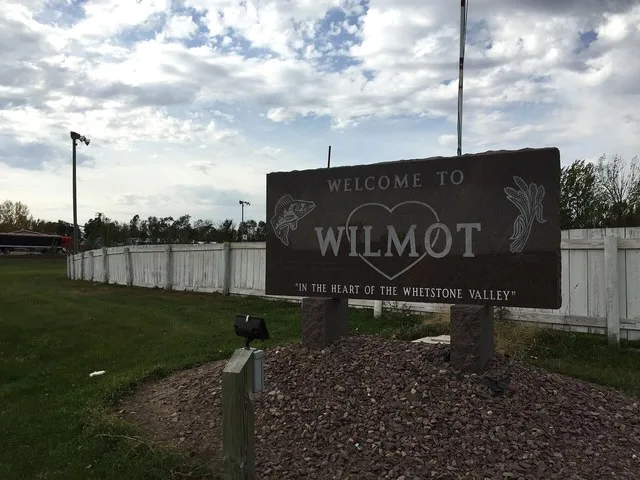 The welcome sign for Wilmot, South Dakota