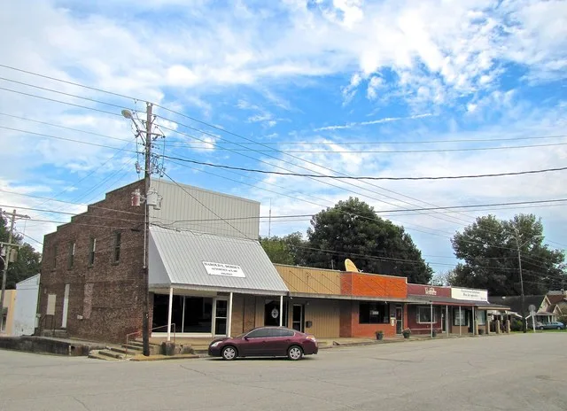 Buildings along the southeastern part of the courthouse square (Johnson Street) in Alamo, Tennessee, United States.