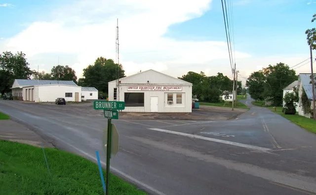 United Volunteer Fire Department (center) and Baileyton Town Hall (back, left), viewed from the intersection of Brunner Street and Horton Highway in Baileyton, Tennessee, United S...