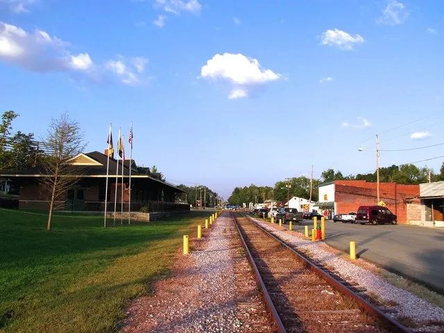 View along the railroad tracks and Broad Street in Baxter, Tennessee, United States.