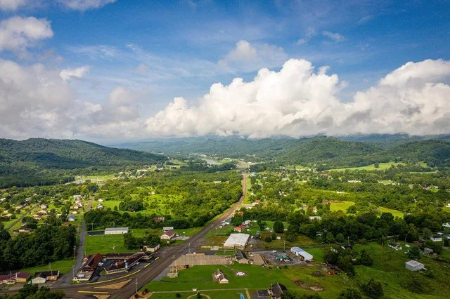 Looking west on Main Street (old US 11W) in Bean Station. Cherokee Lake and Clinch Mountain can be seen in the background