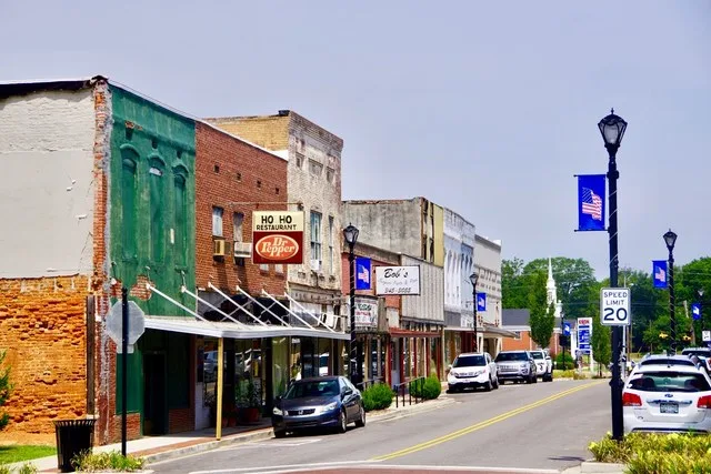 Businesses along Main Street in Bells, Tennessee, United States.