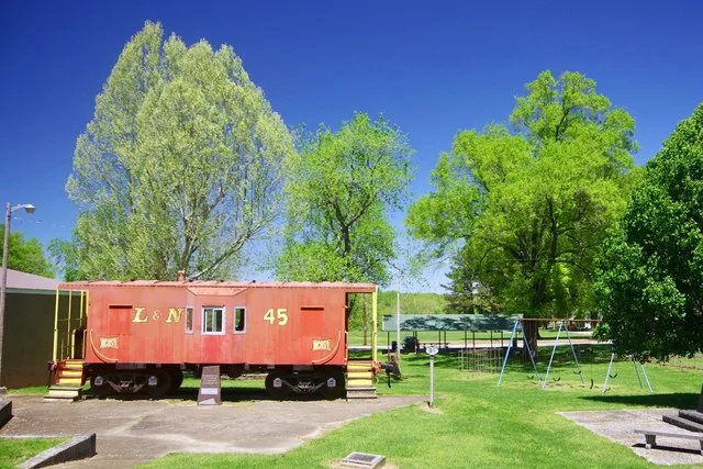 Templeton Park in Bruceton, Tennessee, United States, with caboose on the left.