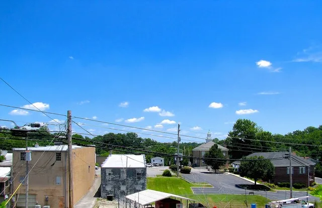Byrdstown, Tennessee, United States, looking east from the First Baptist Church parking lot. The Pickett County Courthouse is below, right of center.