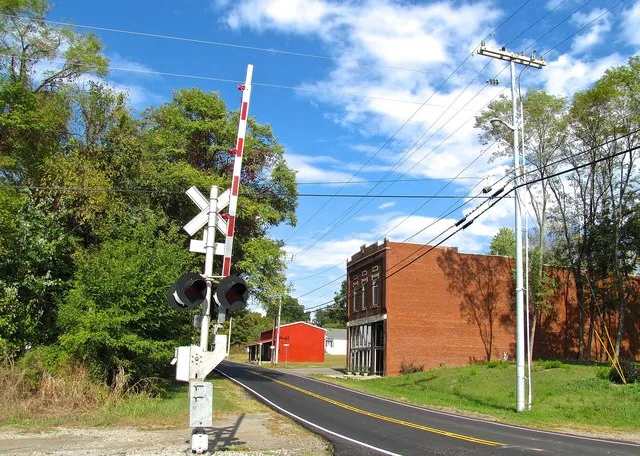 Main Street at the railroad tracks in Cedar Hill, Tennessee, United States.