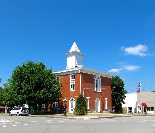 The Clay County Courthouse and the adjacent courthouse square in Celina, Tennessee, United States.