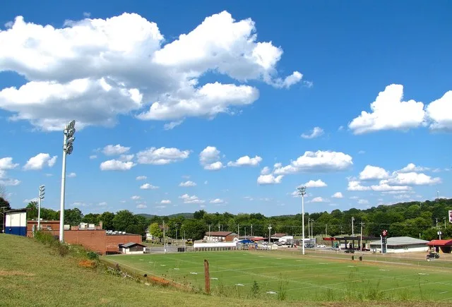 Charleston Elementary School and other buildings along U.S. Route 11 (Hiwassee Street) in Charleston, Tennessee, United States, viewed from Newport Lane.