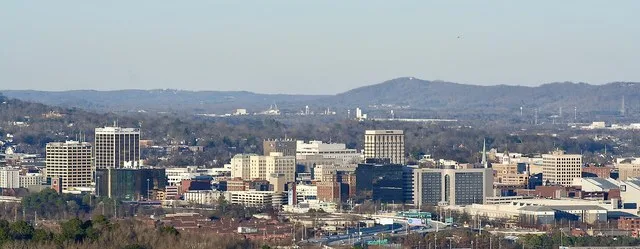 Chattanooga, Tennessee's downtown viewed from the side of a mountain.