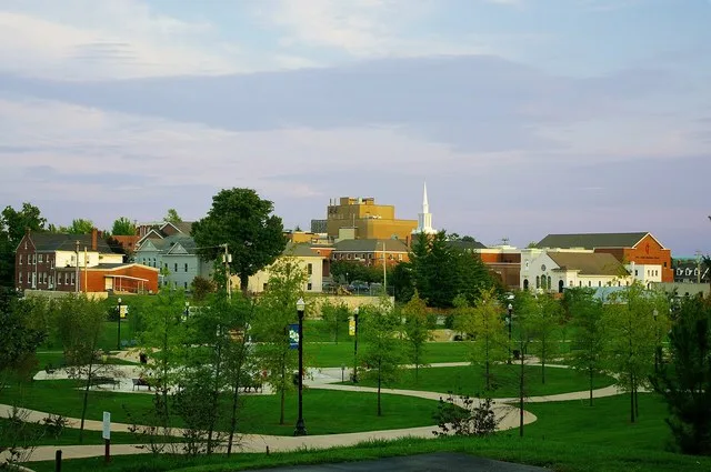 Cookeville, Tennessee , United States, viewed at sunset, looking east. Dogwood Park is in the foreground.