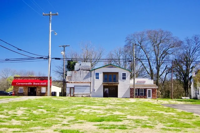 Town Hall (left) and other buildings in Cornersville, Tennessee, United States.