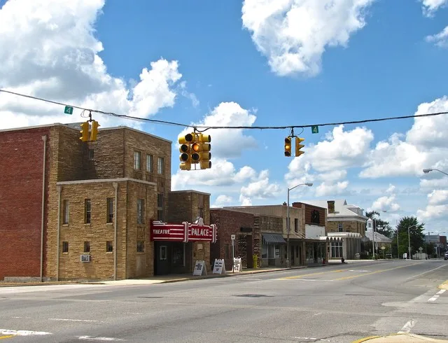 Buildings along South Main Street (U.S. Route 127) in Crossville, Tennessee, United States. The Palace Theater is on the left.