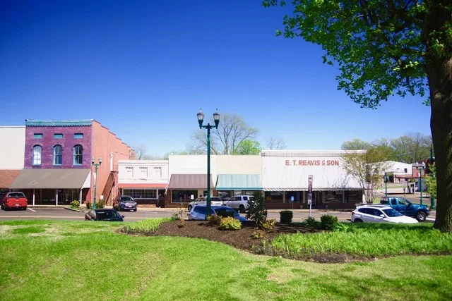 Business along Wilson Street on the courthouse square in Dresden, Tennessee, United States.