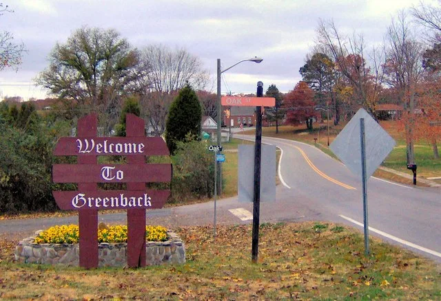 Welcome sign along Morganton Road in Greenback, Tennessee, located in the Southeastern United States.