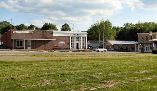 Huntland City Hall and other buildings in Huntland, Tennessee, United States.