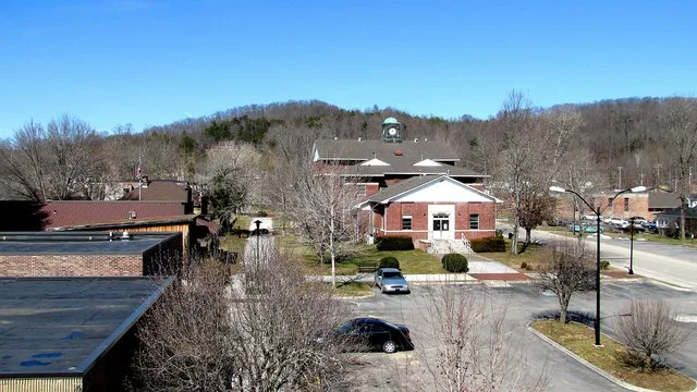 View of Courthouse Square in Huntsville, Tennessee, USA, from the fire escape of the Old Scott County Jail. The Scott County Courthouse is below.
