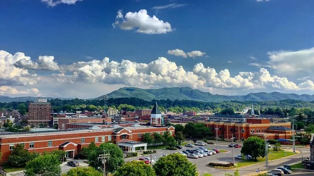 This is a photo of picturesque, downtown Johnson City Tennessee with Buffalo Mountain in the background.