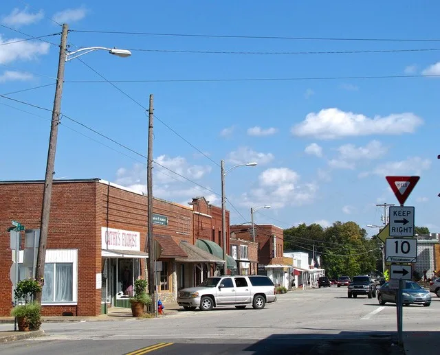 Buildings along the northwestern portion of the courthouse square in Lafayette, Tennessee, United States.