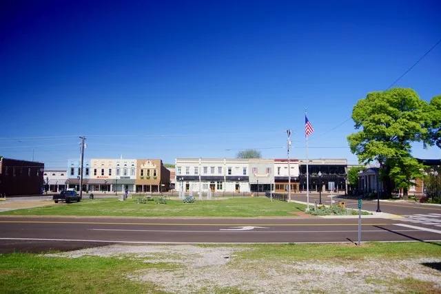 Buildings along Lindell Street in Martin, Tennessee, United States, viewed from Broadway Street.