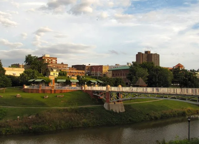 Maryville, Tennessee, viewed from the Blount County Library. Greenbelt Lake (Pistol Creek) is below.