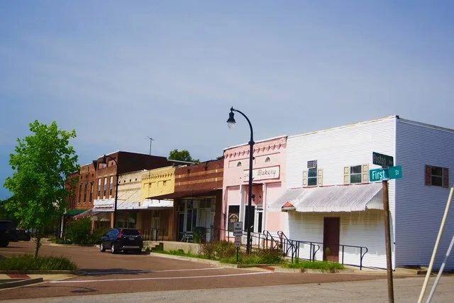 Buildings along 1st Street in Maury City, Tennessee, United States.