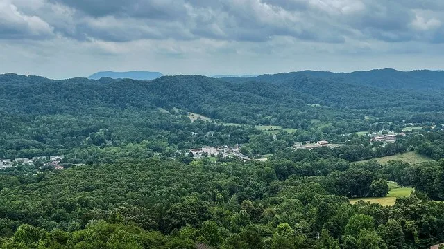 Aerial view of Maynardville, Tennessee, U.S. from Hinds Ridge firetower.