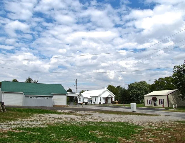 Buildings along Church Street in Mitchellville, Tennessee, United States. Mitchellville City Hall is on the right; MItchellville First Baptist Church is at center.