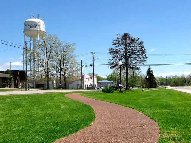 Water tower in Monteagle, Tennessee, United States, viewed from the greenway adjacent to US-41.