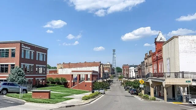 The downtown area of Morristown, Tennessee on Main Street, looking east