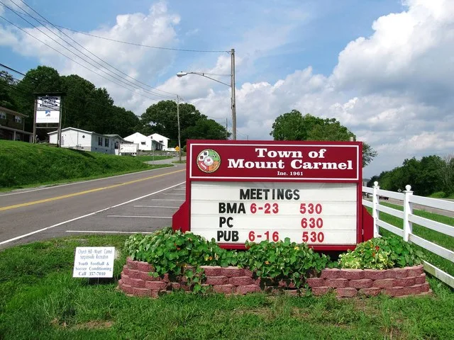 Entrance sign along Main Street in Mount Carmel, Tennessee, United States.