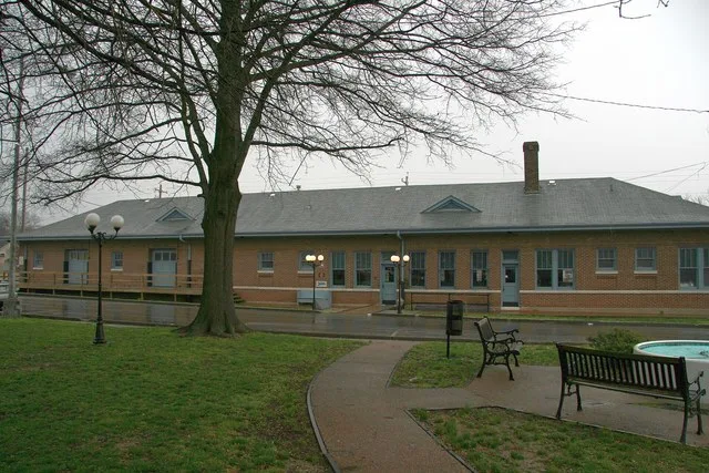 The Newbern Illinois Central Depot located at the junction of Main and Jefferson Streets in Newbern, TN.
