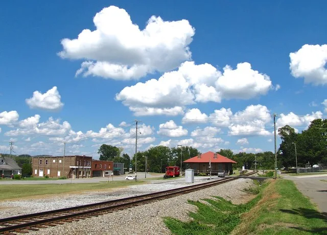 Niota Depot (City Hall) and buildings along Main Street in Niota, Tennessee, United States.