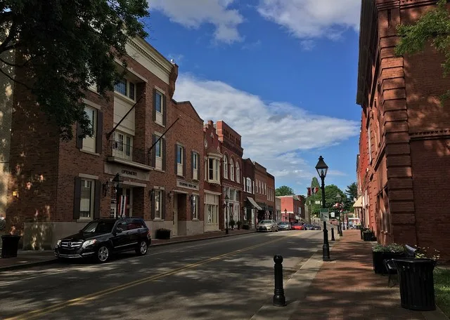 Downtown Rogersville, Tennessee, a district on the National Register of Historic Places, in June 2020. Taken in front of the Hawkins County Courthouse.