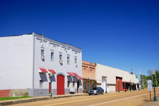 Buildings along Main Street (State Route 89) in Sharon, Tennessee, United States.